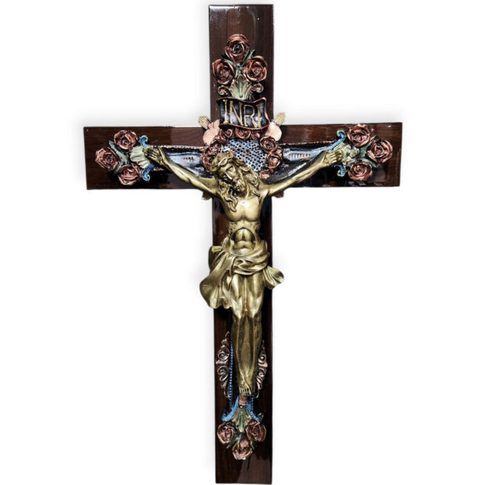 Cruz Cristo Rosas Bronce 24"